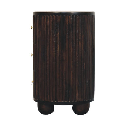 Peru Wooden Grooved 3 Drawer Curved Bedside - Deep Mocha