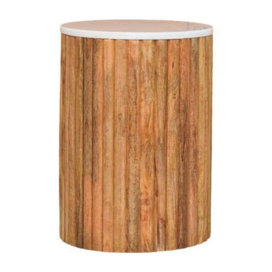 Palma Ribbed Round Marble Top Wooden Accent Table - Oak
