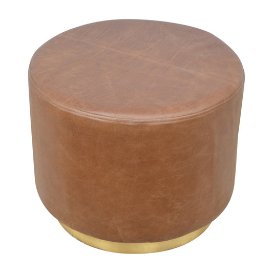 Texas Leather Footstool with Gold Base - Brown