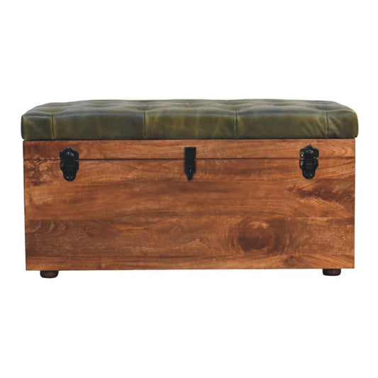Soho Buffalo Hide Leather Wooden Storage Trunk - Olive Green - Almond
