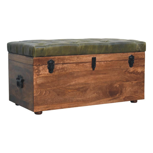 Soho Buffalo Hide Leather Wooden Storage Trunk - Olive Green - Almond