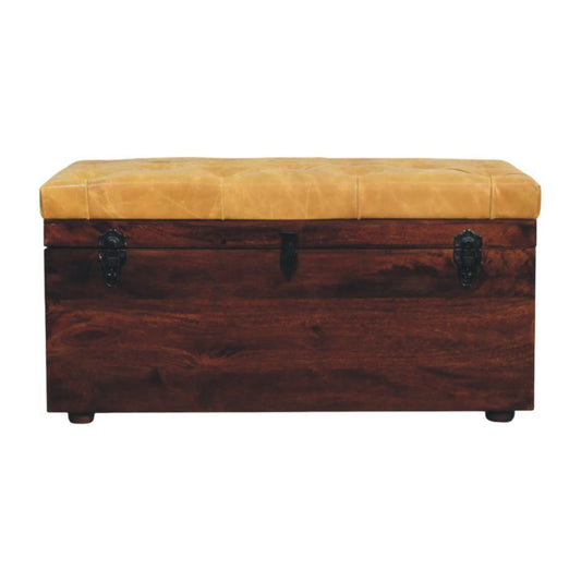 Soho Buffalo Hide Leather Wooden Storage Trunk - Tan - Walnut