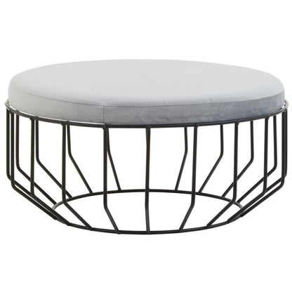 Liam Round Grey Velvet and Black Metal Large Footstool