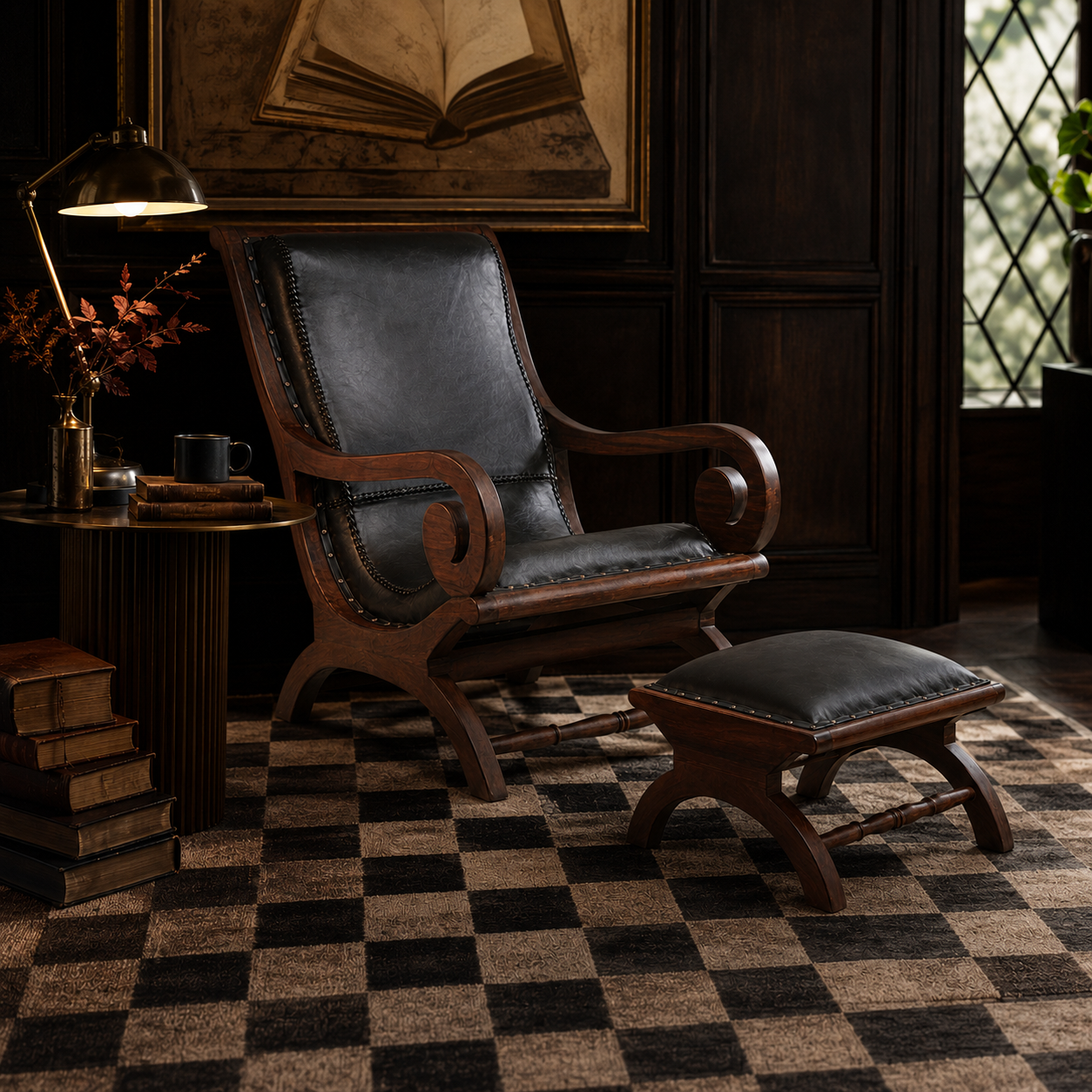Lotus Black Leather Teak Lounge Chair with Leg Rest
