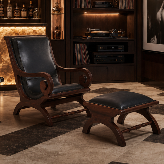 A dark wood lounge chair with a matching ottoman, both upholstered in black leather with nailhead trim, set in a dimly lit, upscale home bar or library environment.