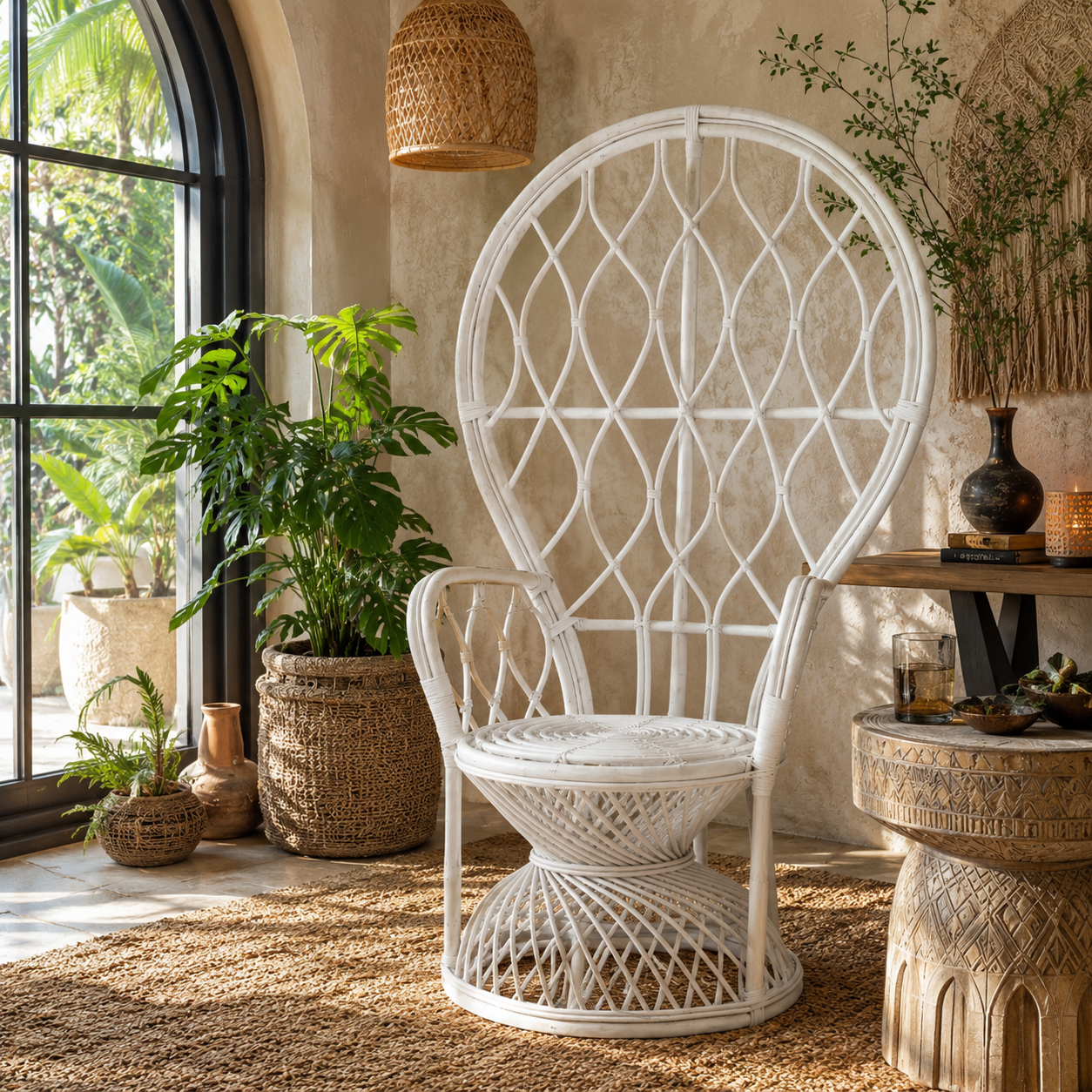 Tropic Grey White Rattan Peacock Boho Chair | Bali & Blue