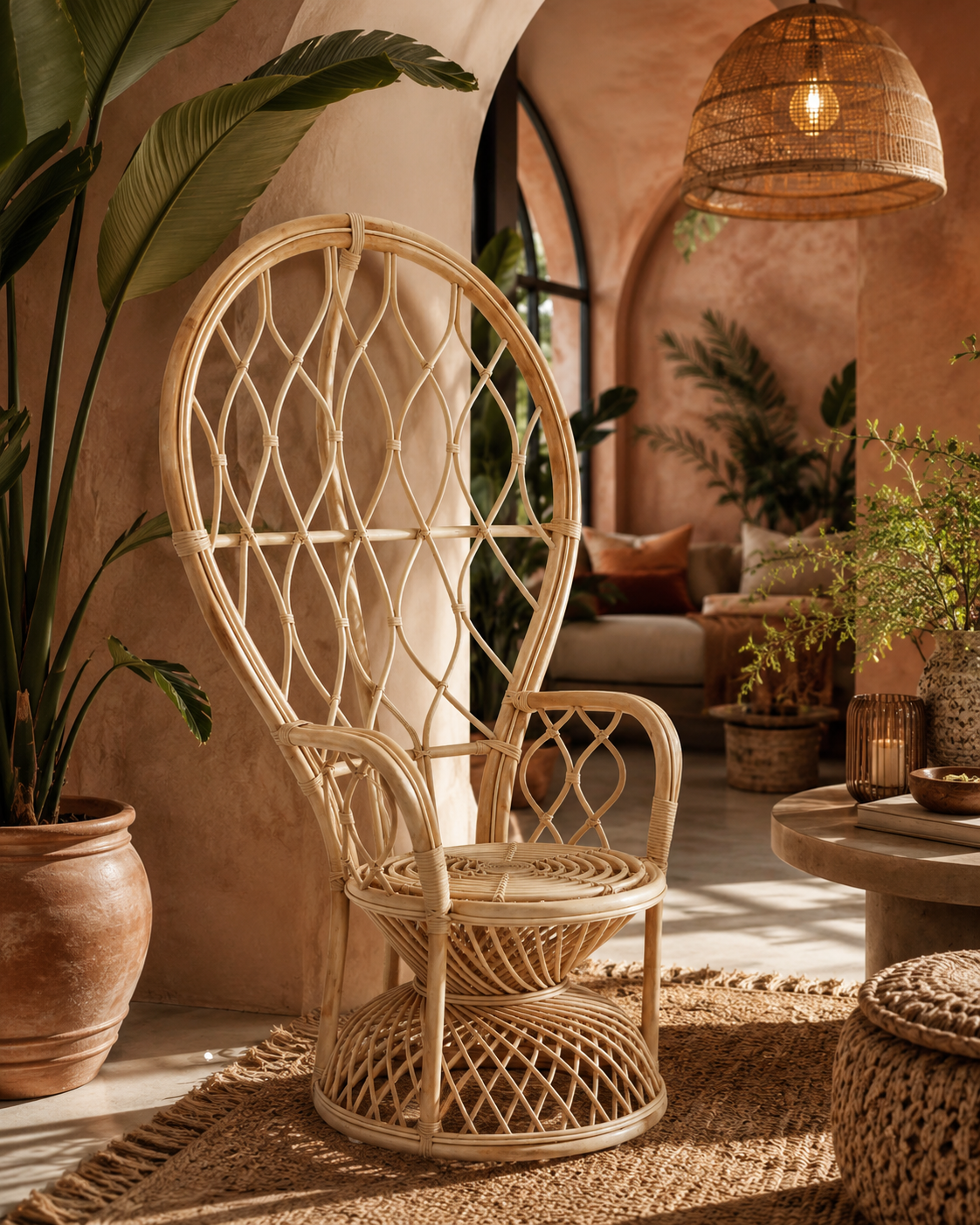 Tropic Natural Rattan Peacock Boho Chair | Bali & Blue