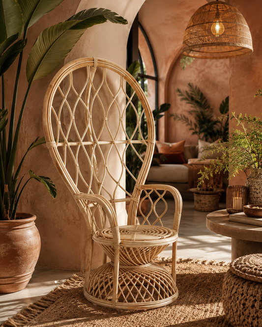 Tropic Natural Rattan Peacock Boho Chair | Bali & Blue
