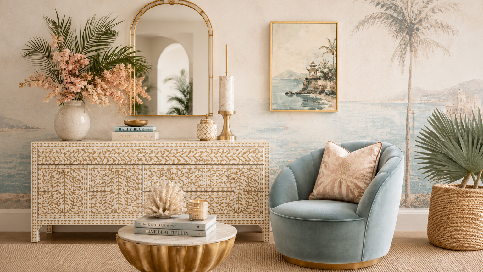 Eclectic living room with pale blue velvet armchair, carved cream console, gold arched mirror and coastal wall art