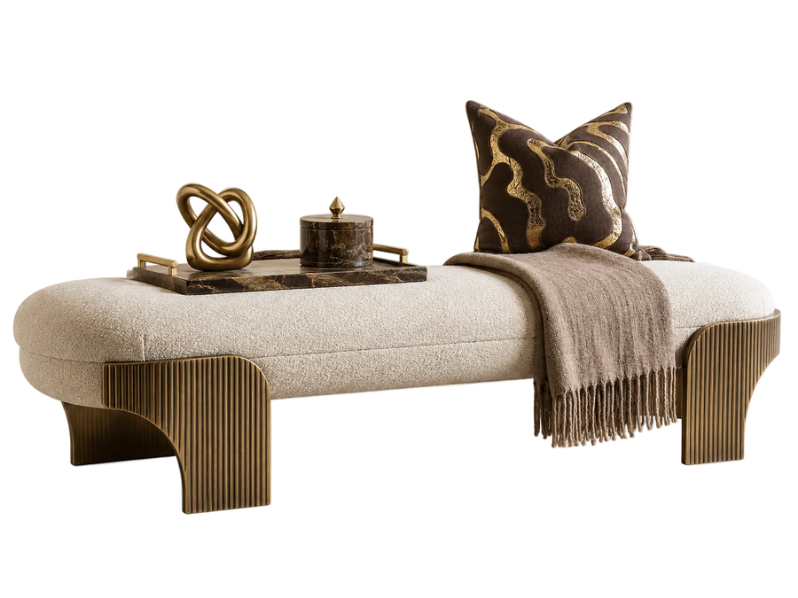Decorative bench with a pillow and tray on a white background