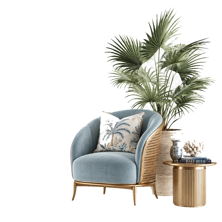 Blue armchair with wicker backrest, decorative pillow, and small table with plant and books on a white background