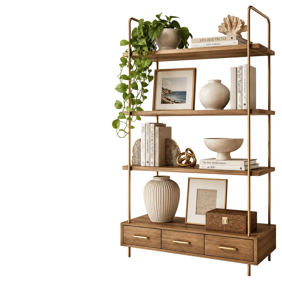 Wooden shelf with decorative items including books, vases, and a plant on a white background