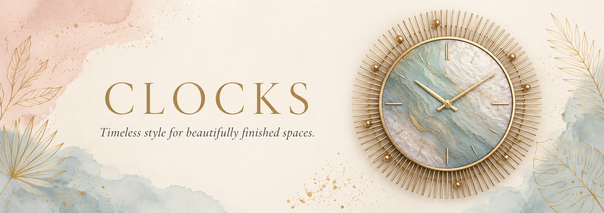 Elegant clocks collection banner with a decorative gold and blue clock, soft watercolour background and timeless Bali & Blue home interiors styling.