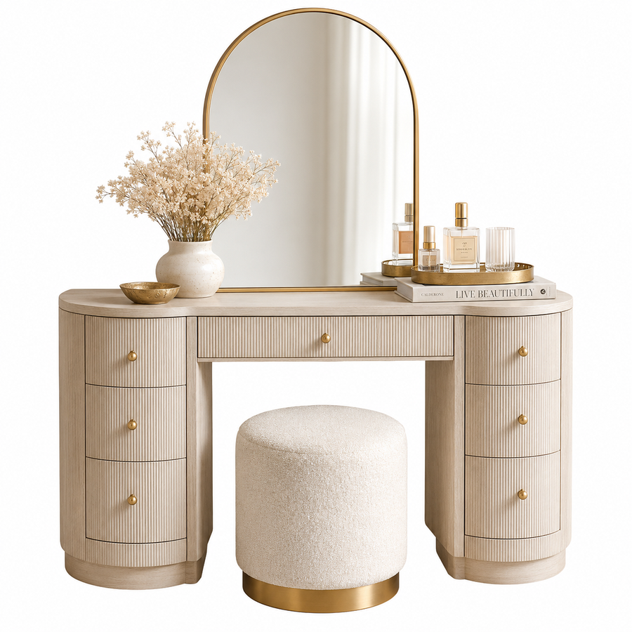 beautiful bouudoir style dressing table in beige with arched gold mirror and boucle seat