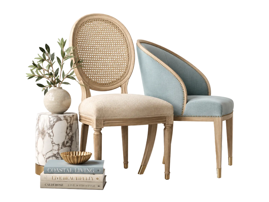 Two chairs, one with a woven backrest and the other with a light blue seat, on a white background.