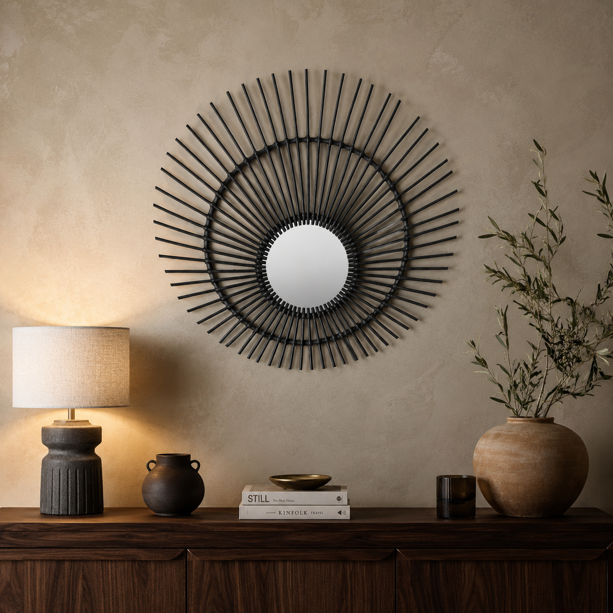 India Boho Black Rattan Sunburst Wall Mirror