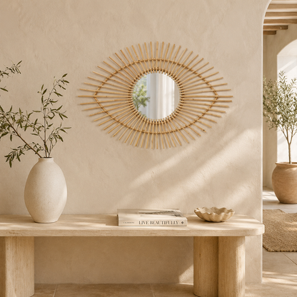 India Boho Natural Rattan Eye Shape Wall Mirror