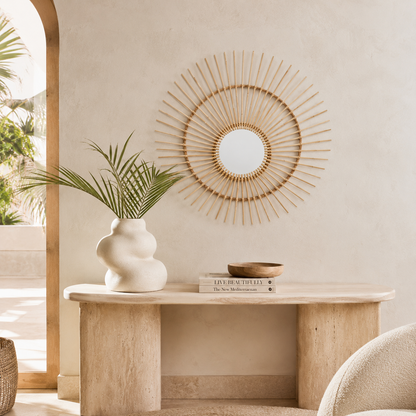 India Boho Natural Rattan Sunburst Wall Mirror