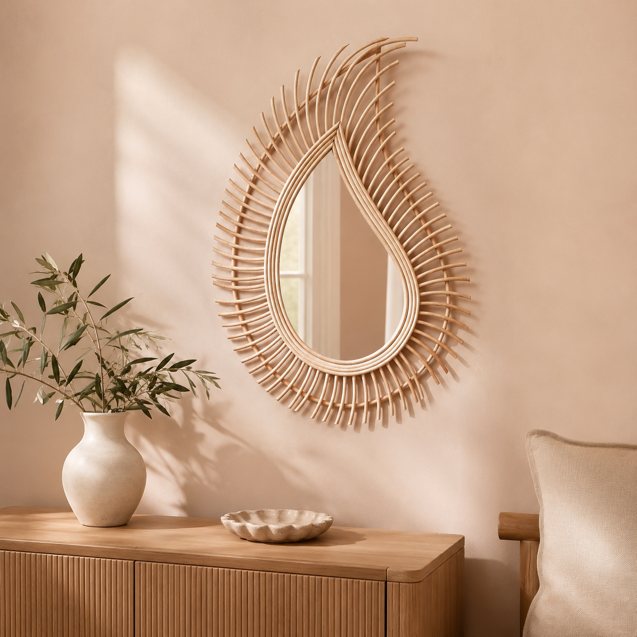 India Boho Natural Rattan Teardrop Wall Mirror