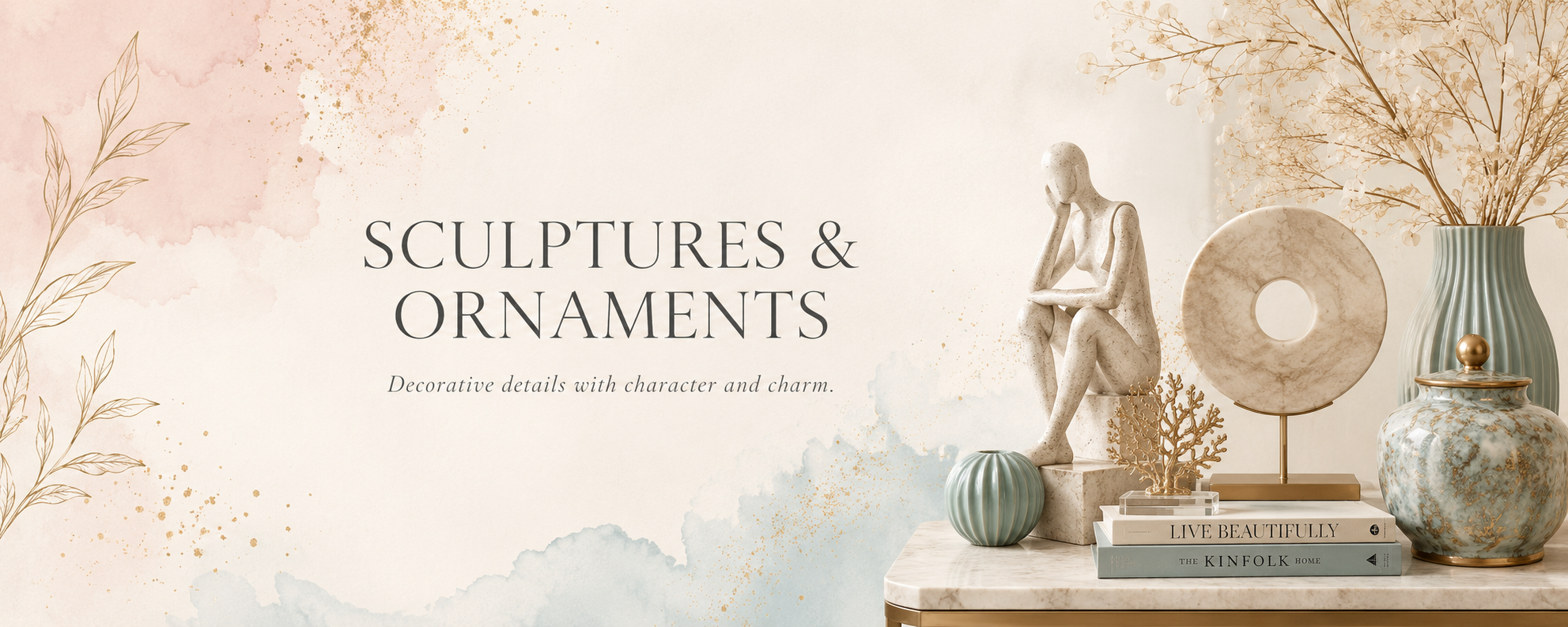 Sculptures and ornaments collection banner with elegant decorative statues, sculptural objects and soft Bali & Blue watercolour styling.
