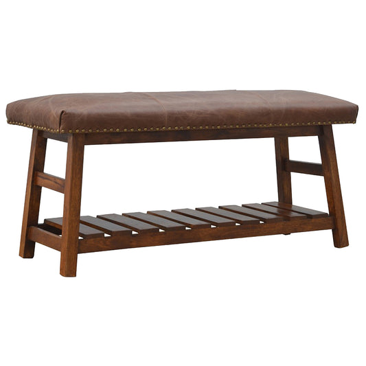 Soho Brown Leather Hallway Bench with Brass Studding