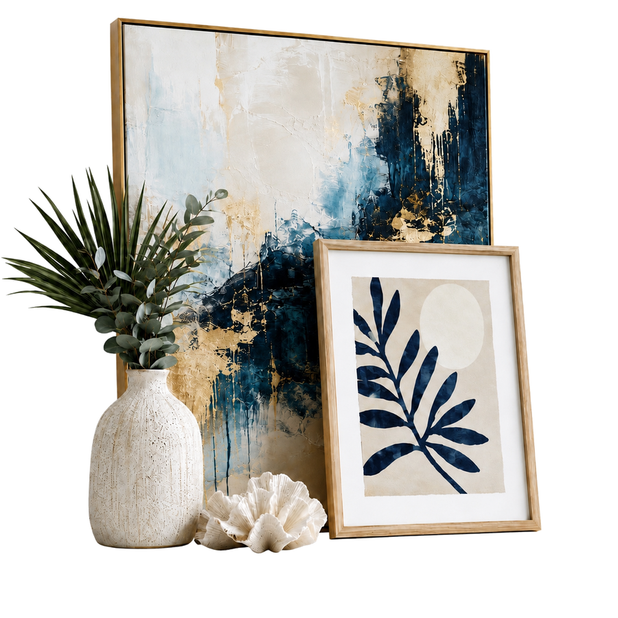 Two framed artworks and a decorative vase with plants on a white background