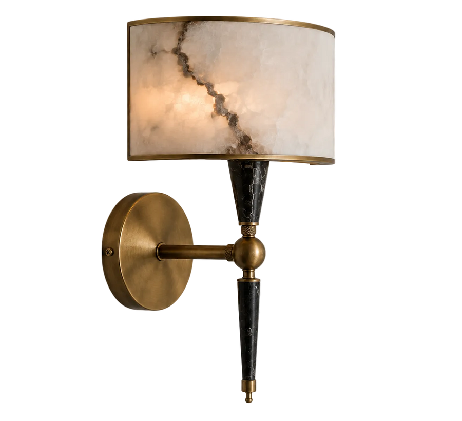 Wall sconce with marble-patterned shade on a white background